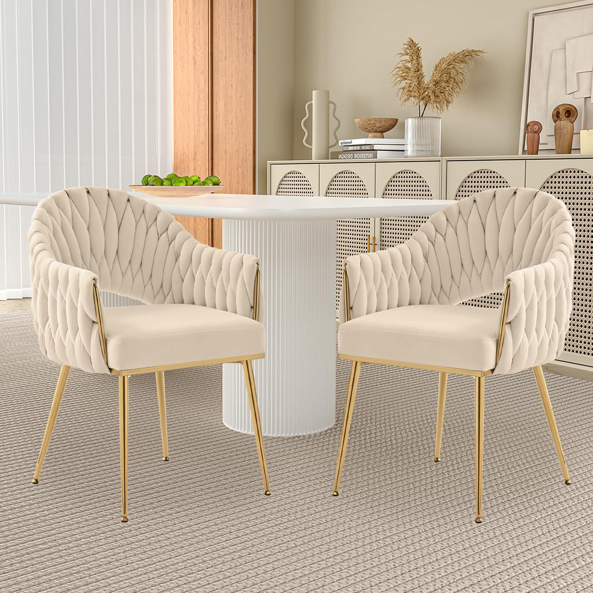 Juego de 4 sillas de comedor de terciopelo, sillones de salón, sillas de comedor con reposabrazos, sillas de cocina con respaldo alto trenzado a mano, silla de tocador con patas doradas