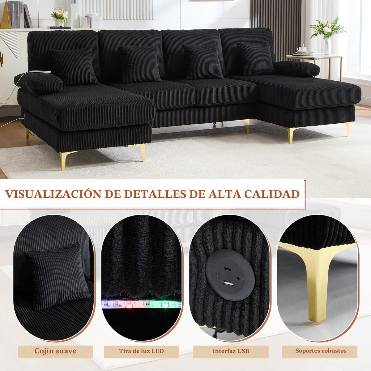 Sapgaks Sofá Seccional en U Moderno,Sofá 4 plazas,Mueble Acolchado de diseño Moderno,Tela de Chenilla (Beige)