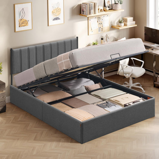 VASAGLE Estructura de Cama, 160 x 200 cm, Cama Elevable, 2 Personas, con Almacenaje, Cabecero, Sistema Hidráulico, Moderno y Minimalista, Fácil Montaje, Beige Capuchino RMB615LH01