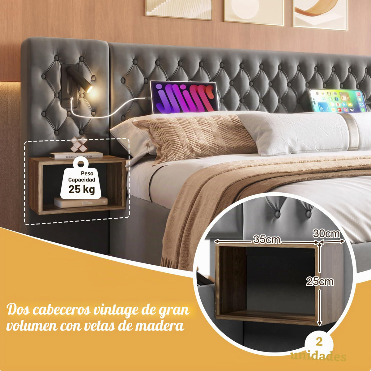 Juego completo de cama para dormitorio, cama doble tapizada de 160 x 200 cm, con 2 mesitas de noche y 4 cajones, cabecero de luz de lectura con función de carga USB, terciopelo, sin colchón