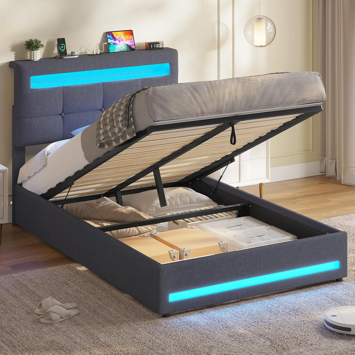 AOGLLATI Camas Matrimoniales 140x190 cm con Almacenamiento Hidráulico, Cama Canapé con Cabecero Ajustable, Estructura de Cama con Luces LED y Estación de Carga (USB y Tipo-C), Gris Oscuro