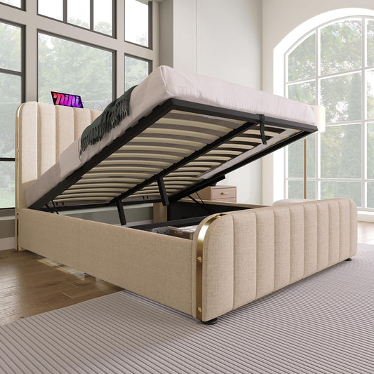 SUKY Cama tapizada doble, función de carga USB tipo C, cabecero acolchado con rayas decorativas doradas y, material de lino, cama de almacenamiento hidráulico (beige/sin colchón, 160 x 200 cm)