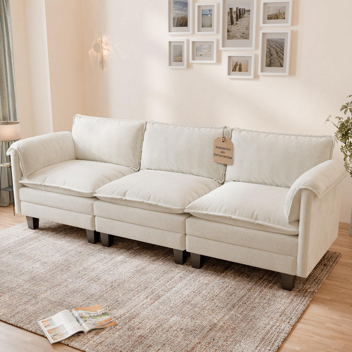 ELUCHANG Sofá Nube Modular 256cm, Sofá de 3 Plazas con Asiento Profundo 62cm, Montaje sin Herramientas, Sofá Moderno de Chenilla para Salón y Habitación, Gris Perla