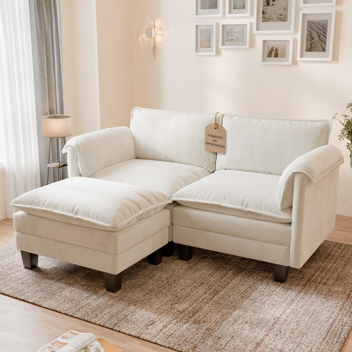 ELUCHANG Sofá Nube Modular 256cm, Sofá de 3 Plazas con Asiento Profundo 62cm, Montaje sin Herramientas, Sofá Moderno de Chenilla para Salón y Habitación, Gris Perla
