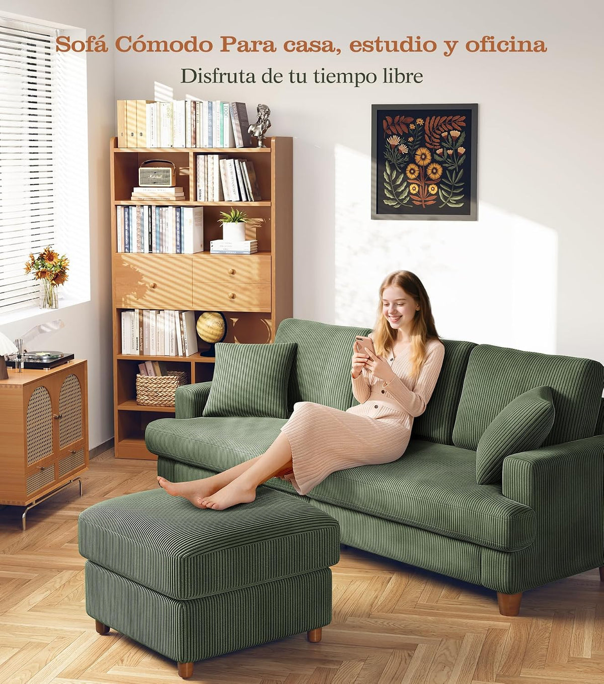 Kidirect Sofá de Pana de 3 plazas, 221 cm cómodo sofá de 53 cm Asientos Extra Profundos, sofá de salón Montaje sin Herramientas sofá Grande con 2 Cojines, sofá Moderno para Oficina,Verde Bosque