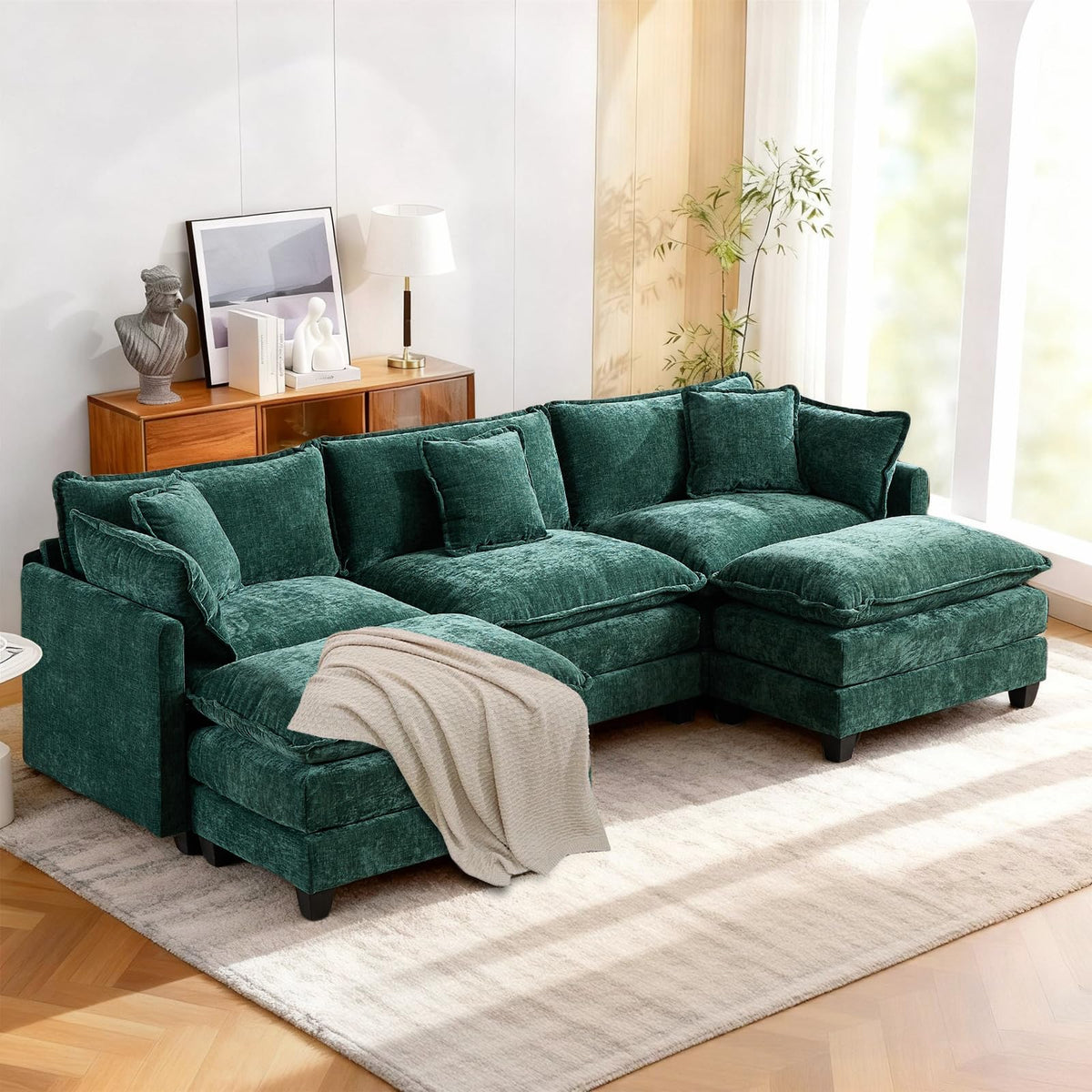 Sofá de salón modular 4 plazas 380cm, chenilla azul con cojines dobles
