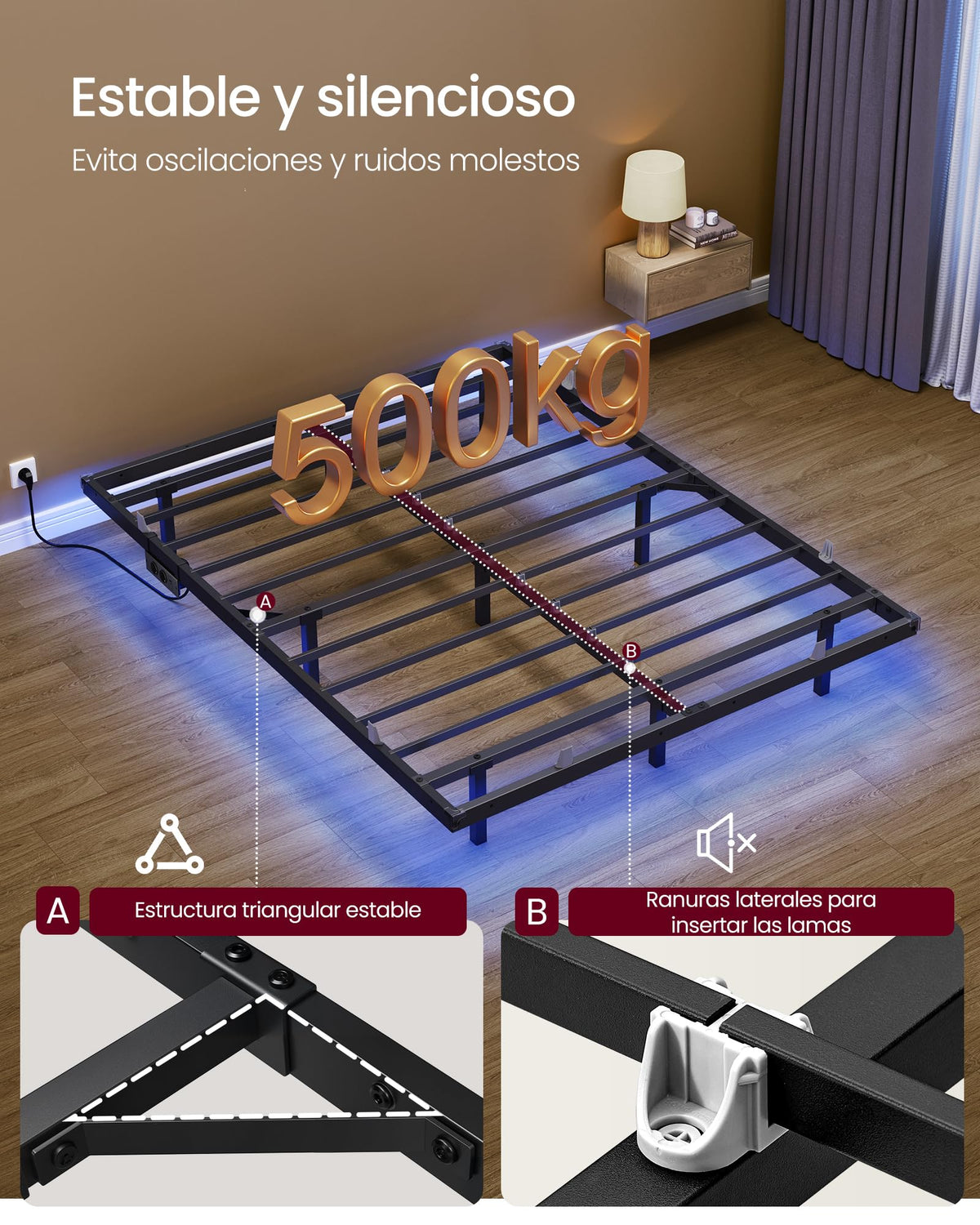 VASAGLE Marco de Cama Flotante, 140 x 200 cm, LED, 2 Tomas y 3 USB