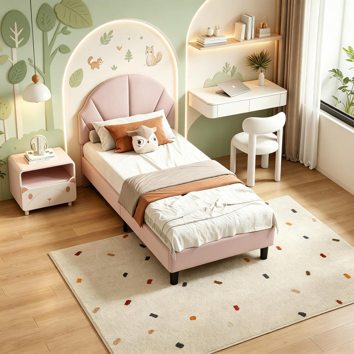 Cama Infantil tapizada 140 x 200 cm con LED, Cama tapizada para niños 140 x 200 con cabecera Ajustable Marco de Camas, Camas de Princesa para Niña en Forma de Corona con Somier(Rosa, 140 x 200)