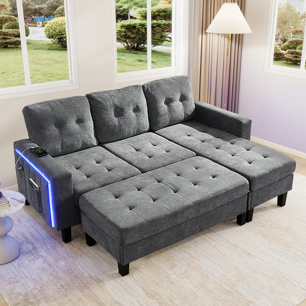 Lubvtti Sofá cama de 3 plazas moderno con función de cama, con espacio de almacenamiento, cargador USB, reposabrazos portaobjetos y 2 cojines, sofá de esquina en L, sofá de 3 plazas, chenilla (C-gris)