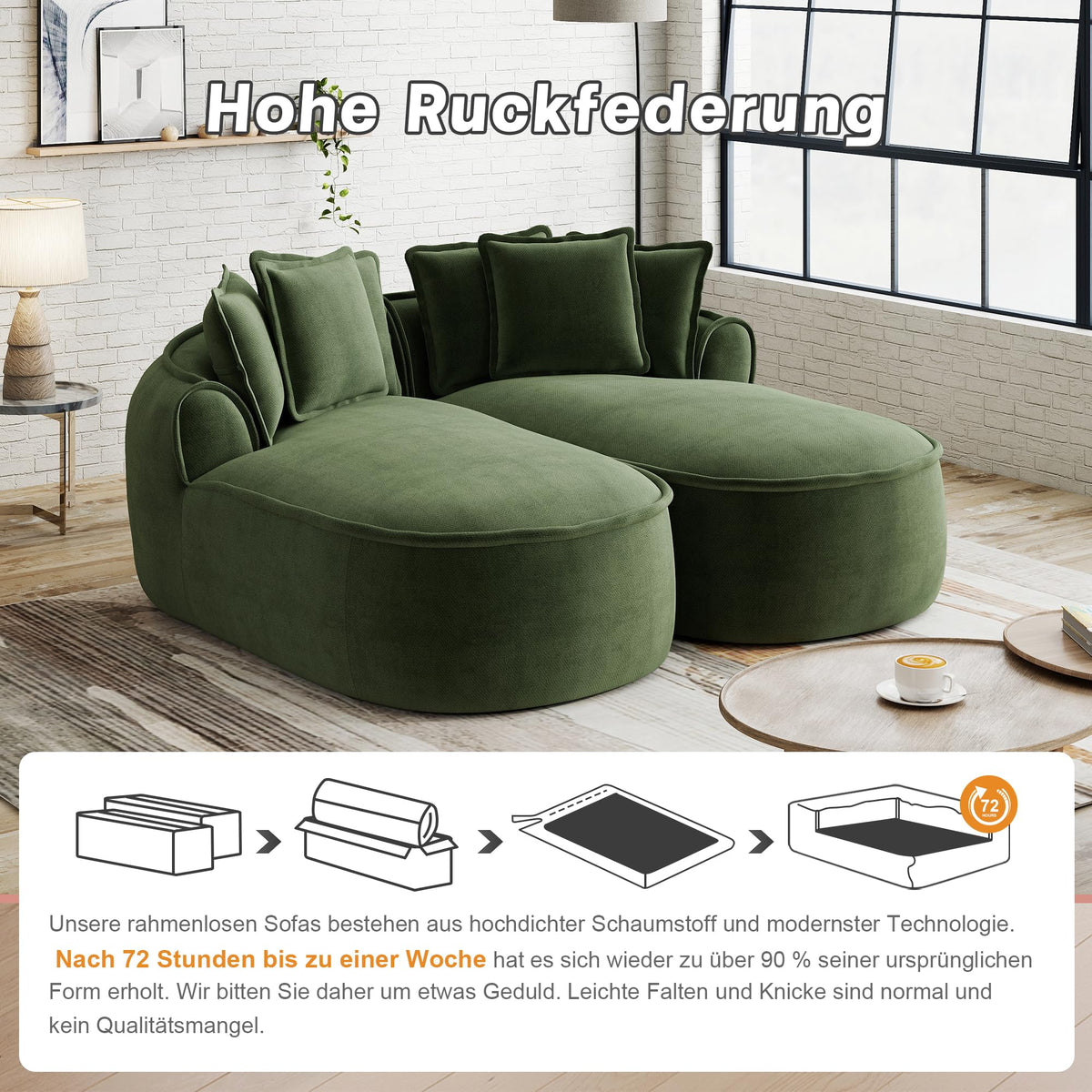 Sofá modular en forma de L sin marco, cómodo sofá de chenilla nube con asiento profundo, chaise longue moderno, extra grande, cojín ideal para salón, color verde