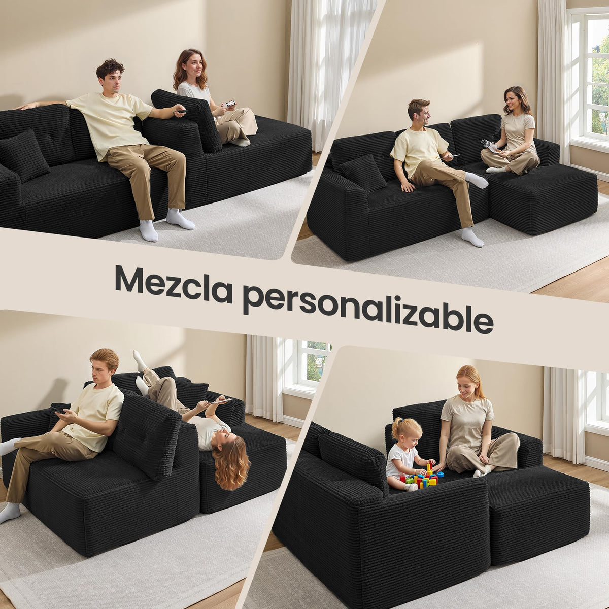 VASAGLE Sofá con Chaise Longue, Esquinero de Pana, Diseño Modular de 3 Plazas, 242 x 152 x 73 cm, Negro, para Salón, Colección Camila LCS183B101