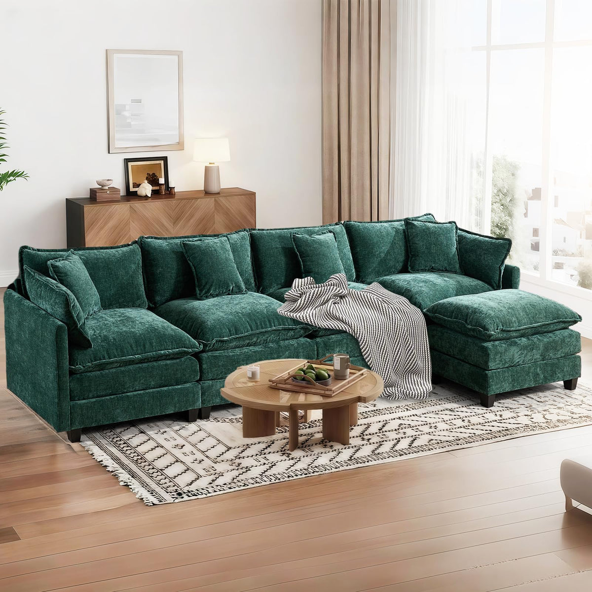Sofá de salón modular 4 plazas 380cm, chenilla azul con cojines dobles