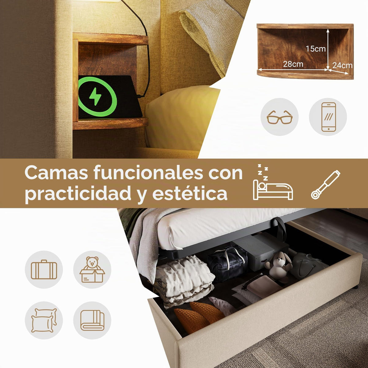 Camas Matrimoniales 160x200 con Cabecero Extendido y Espacio de Almacenaje Hidráulica, Cama Matrimonio con Lámpara de Lectura, Cama Doble con Puerto USB y Tipo C, Lino, Gris, Sin Colchón