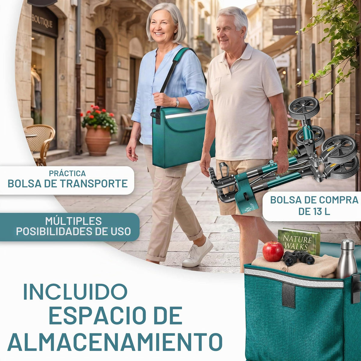 KESSER® Andador plegable con asiento y respaldo, 4 Ruedas/Frenos/Saco de Compra y Porta Bastón, Altura Ajustable 82-94cm, Andador, Carro, Rollator para Ancianos Gris