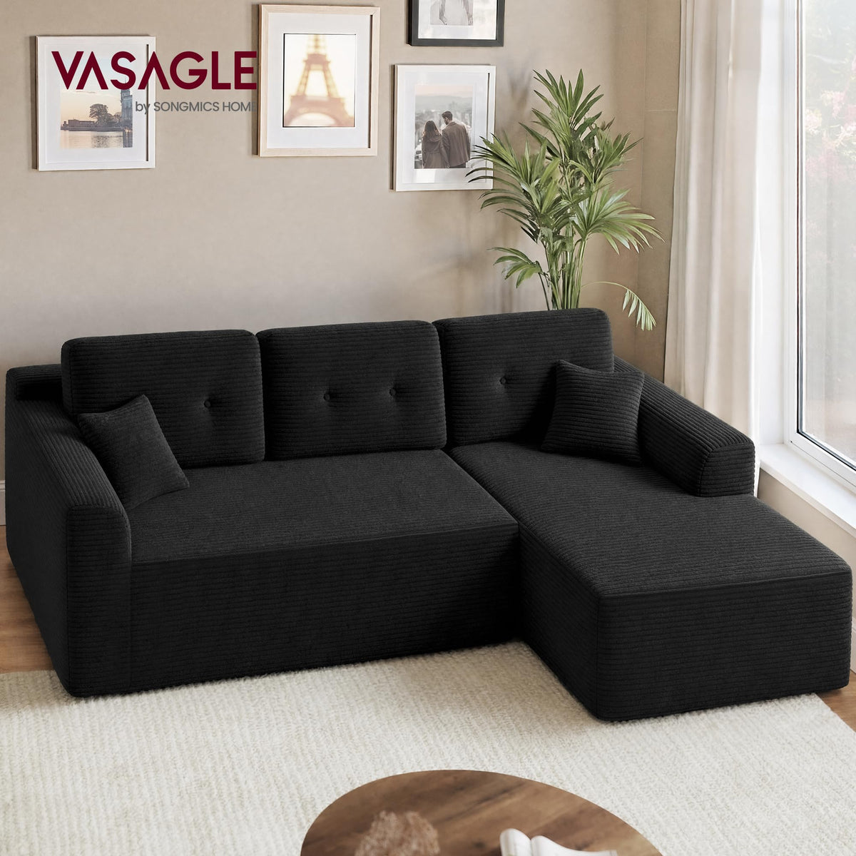 VASAGLE Sofá con Chaise Longue, Esquinero de Pana, Diseño Modular de 3 Plazas, 242 x 152 x 73 cm, Negro, para Salón, Colección Camila LCS183B101
