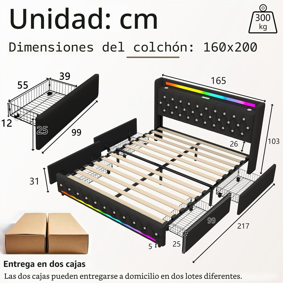 Estructura de Cama 140x200 cm con iluminación LED, Lino, Gris