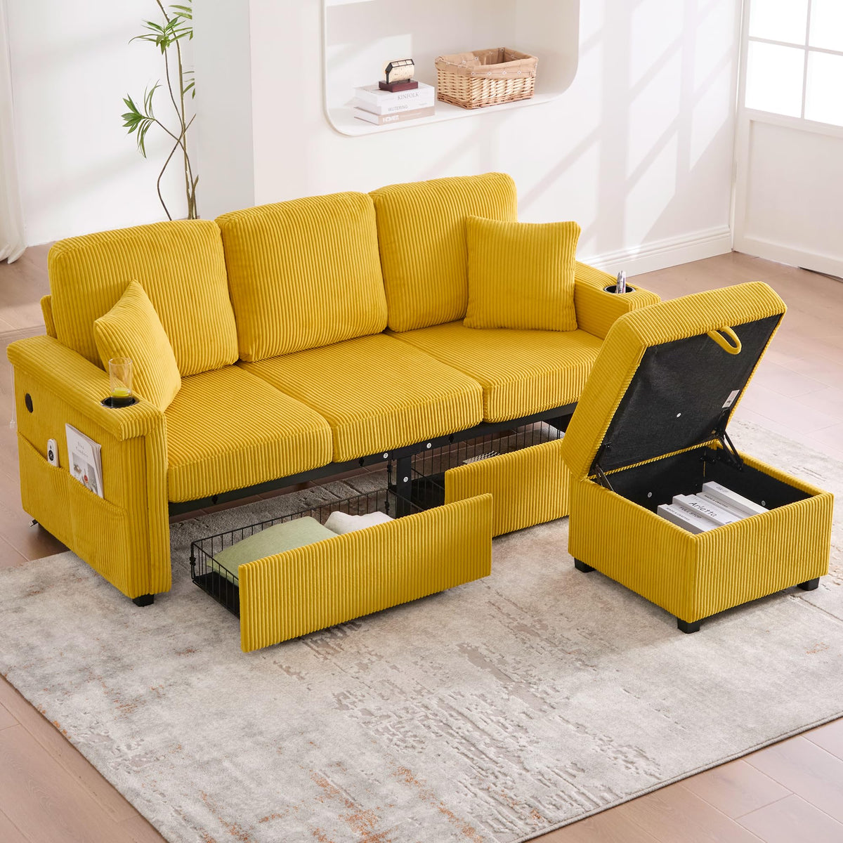 Dolamaní Sofá de terciopelo de 3 plazas con 2 cajones, soporte para bebidas, bolsillos laterales y reposapiés para sala de estar, dormitorio y oficina (beige)