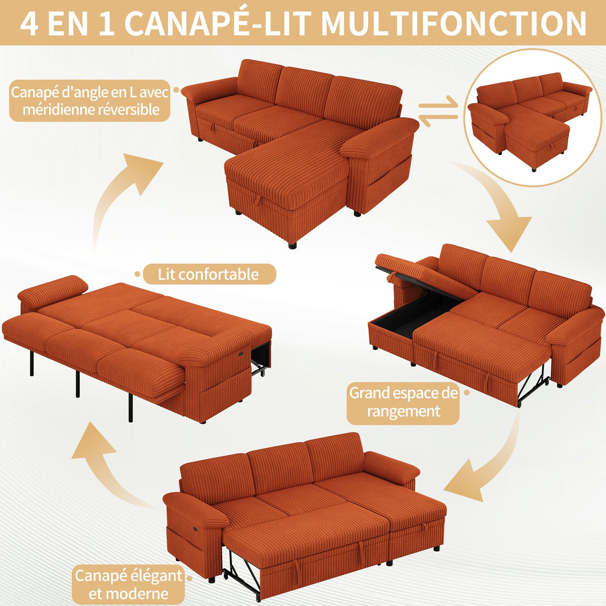Sofá modular de 3 plazas con función cama extensible y USB/Type-C, sofá esquinero en forma de L con reposacabezas semifijos y compartimento de almacenamiento, sofás con chaise longue