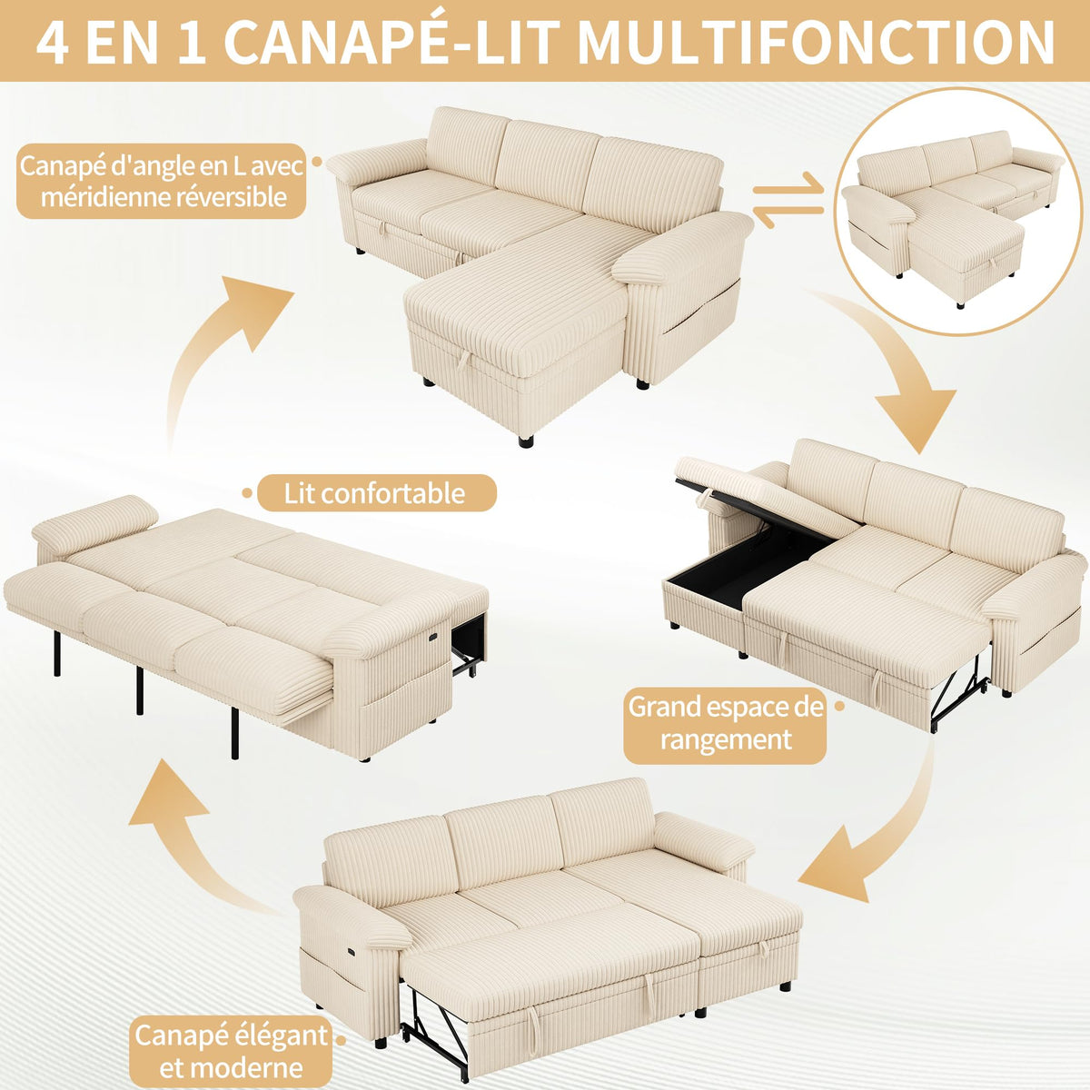 Sofá modular de 3 plazas con función cama extensible y USB/Type-C, sofá esquinero en forma de L con reposacabezas semifijos y compartimento de almacenamiento, sofás con chaise longue
