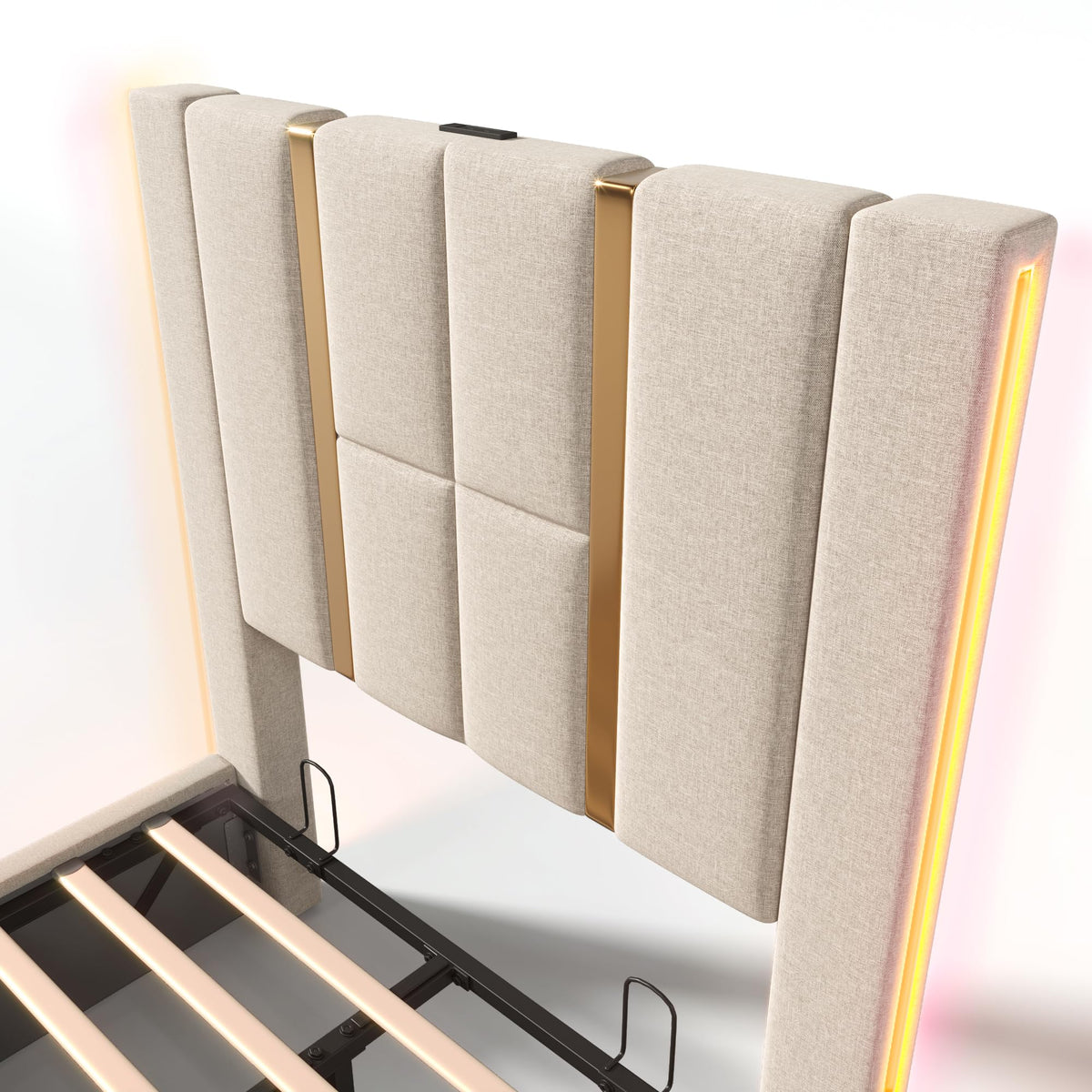 Cama tapizada doble USB tipo C función de carga APP Control LED 180 × 200 cm espacio espacio cama somier de láminas de madera, material de lino beige (sin colchón)