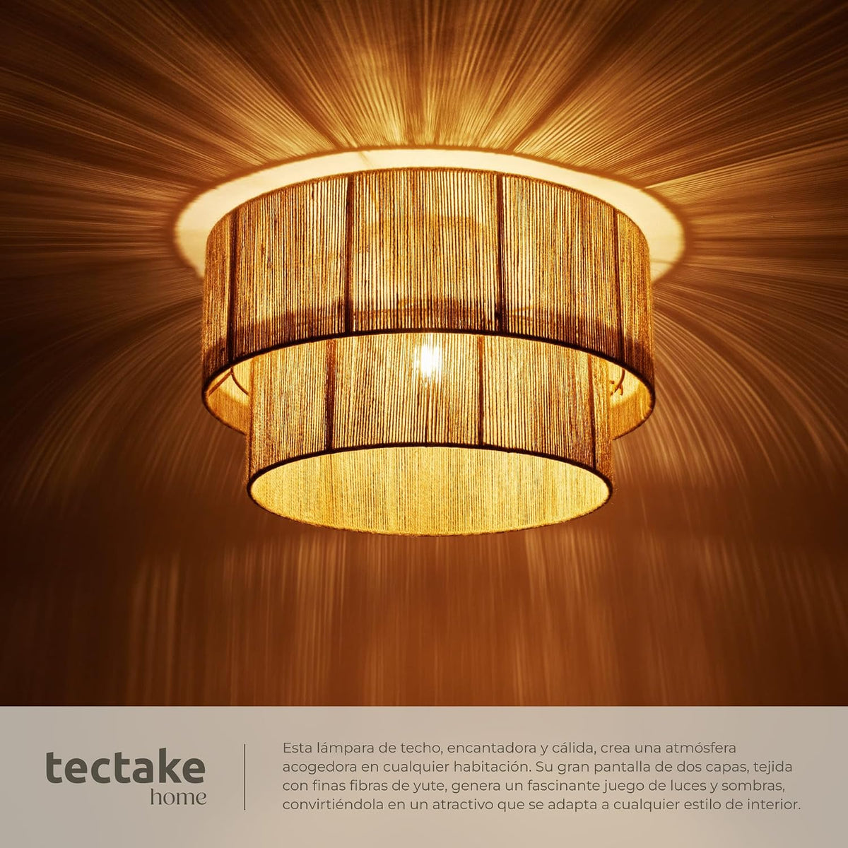 tectake® Lampara Techo Dormitorio Boho Artesanal en Yute Sostenible con Estructura de Acero, Lámpara de Techo Colgante Salón 40 W, Lampara Salon, Plafon - 45 x 45 x 27,5 cm