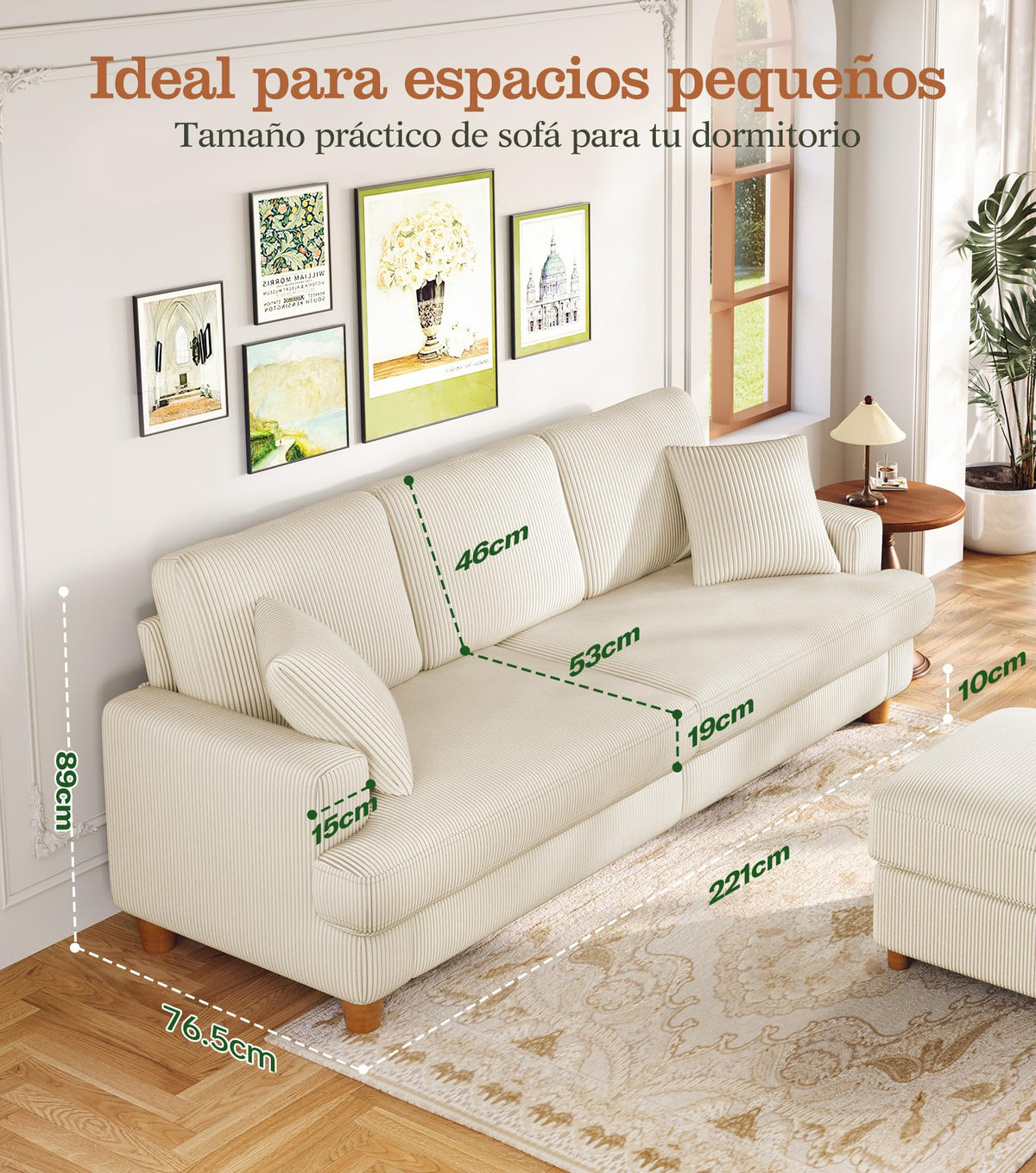 Kidirect Sofá de Pana de 3 plazas, 221 cm cómodo sofá de 53 cm Asientos Extra Profundos, sofá de salón Montaje sin Herramientas sofá Grande con 2 Cojines, sofá Moderno para Oficina,Verde Bosque