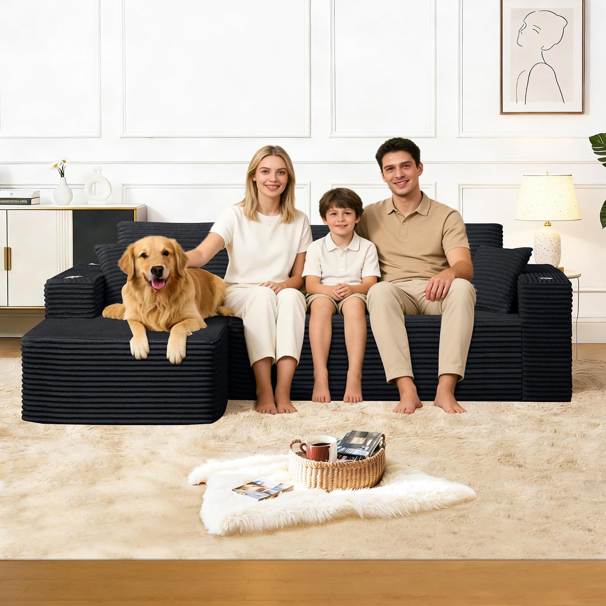 Sofa Modular sofás Comprimidos al vacío, Sofa Cama Chaise Longue 102 inch/261cm Sofá de Suelo Modular sin Estructura con Función de Dormir, Sofá para Salón o Apartamento, Negro