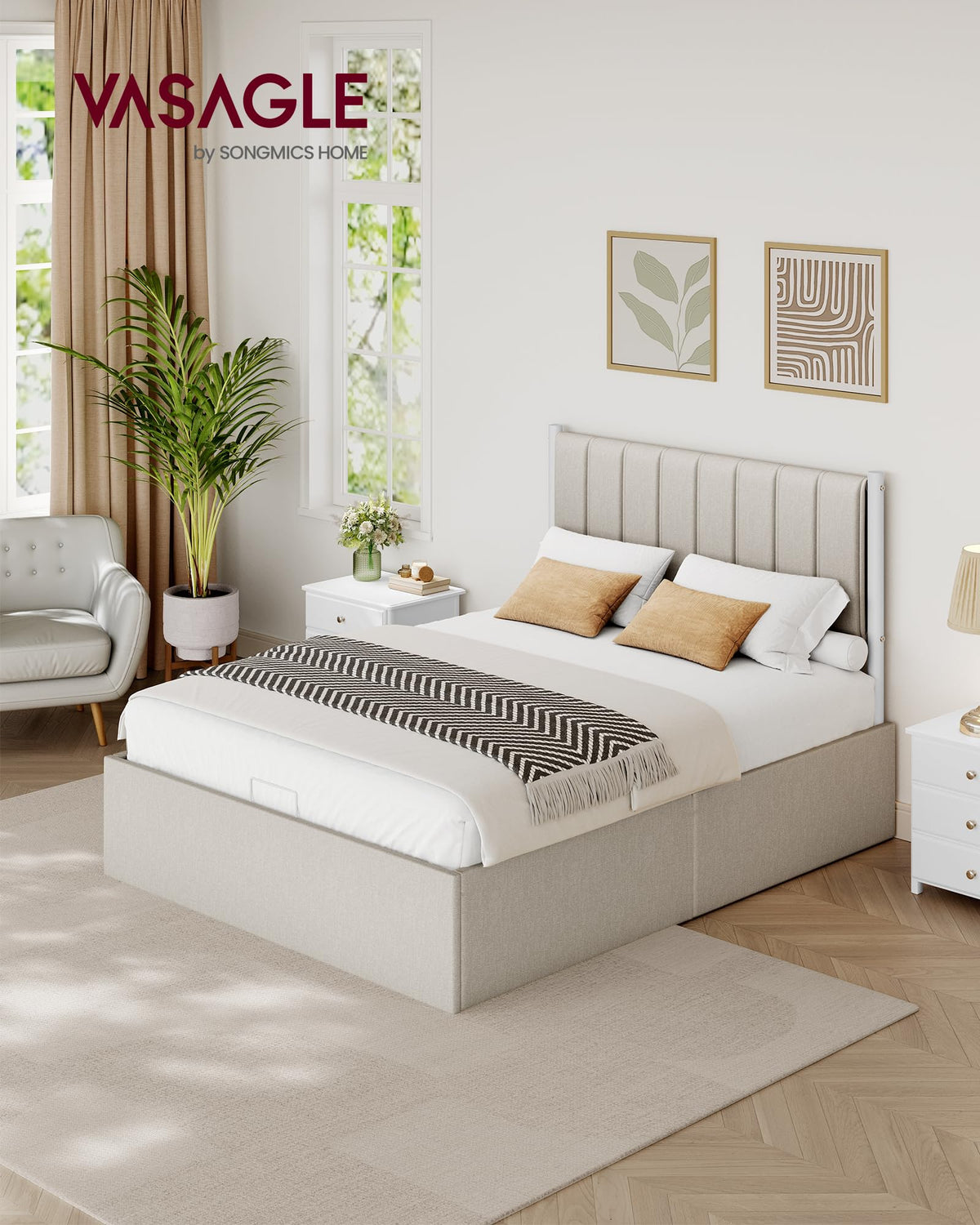 VASAGLE Estructura de Cama, 160 x 200 cm, Cama Elevable, 2 Personas, con Almacenaje, Cabecero, Sistema Hidráulico, Moderno y Minimalista, Fácil Montaje, Beige Capuchino RMB615LH01