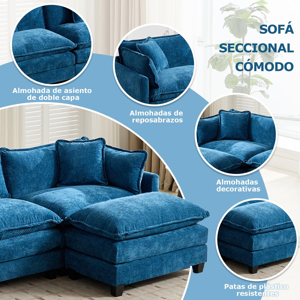Sofá de salón modular 4 plazas 380cm, chenilla azul con cojines dobles