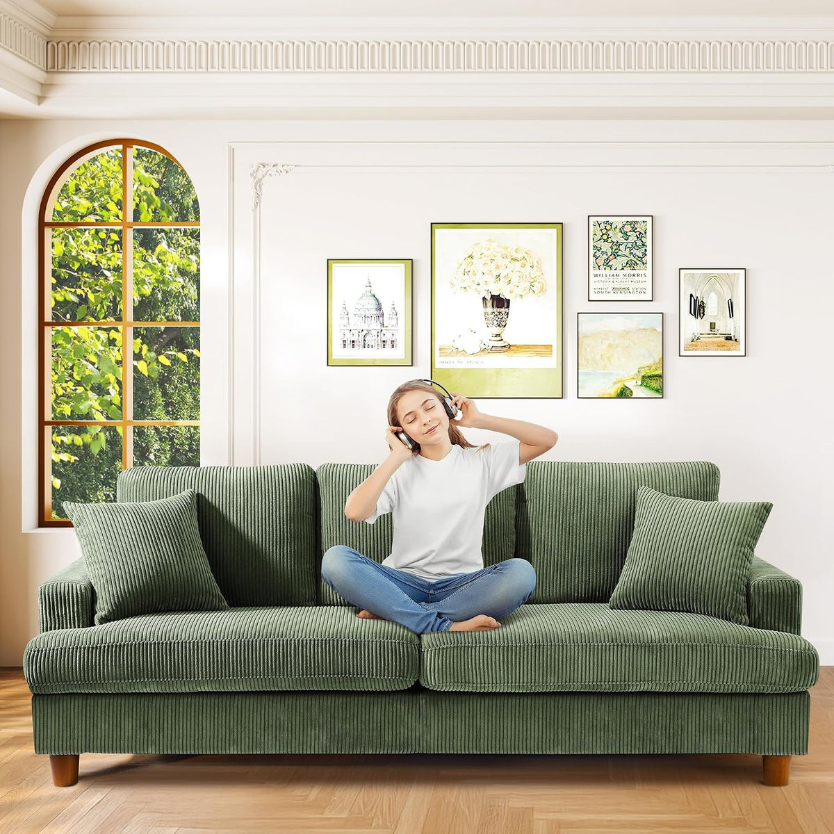Kidirect Sofá de Pana de 3 plazas, 221 cm cómodo sofá de 53 cm Asientos Extra Profundos, sofá de salón Montaje sin Herramientas sofá Grande con 2 Cojines, sofá Moderno para Oficina,Verde Bosque