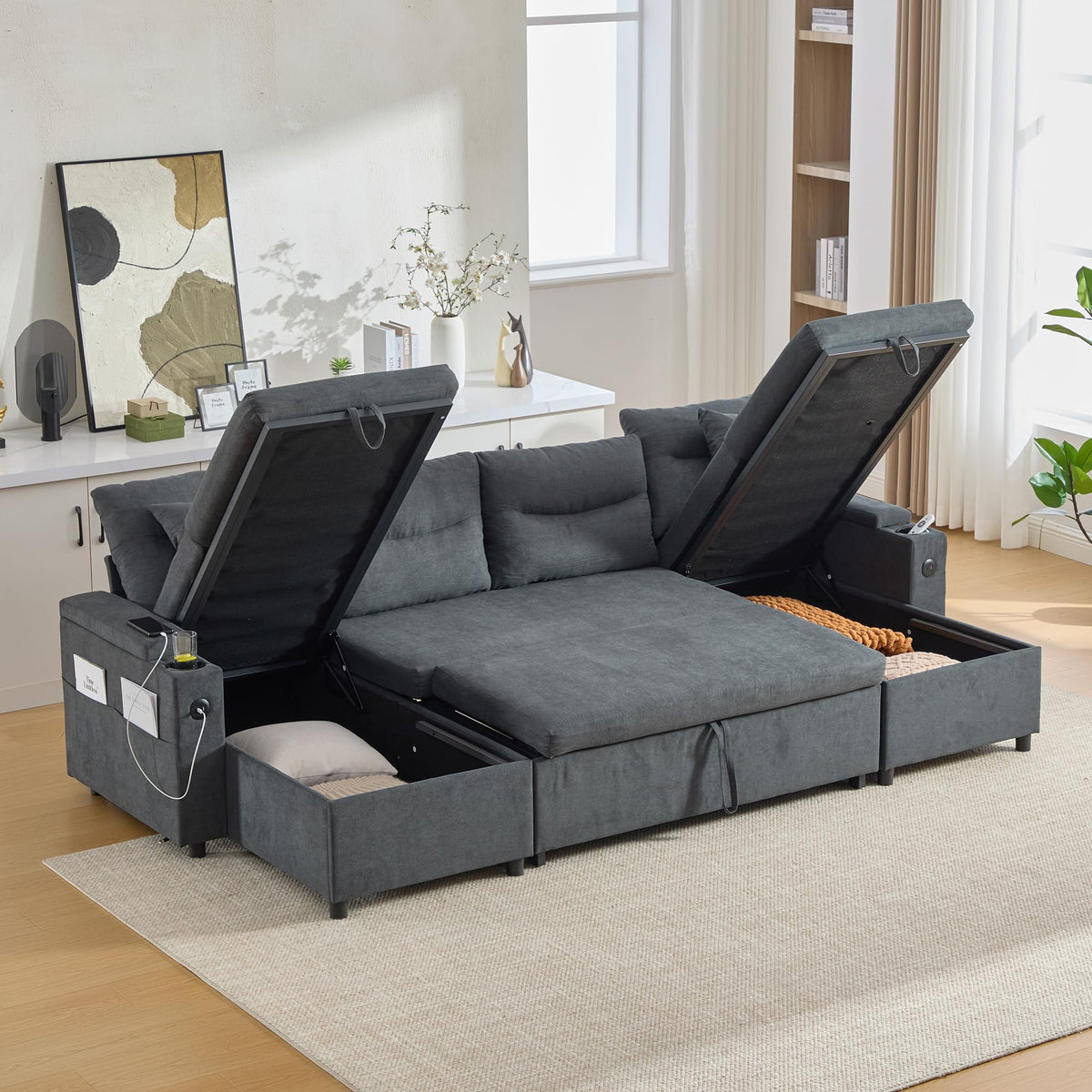 Dolamaní Sofá moderno de 4 plazas de tela de lino con espacio de almacenamiento y función de dormir, sofá cama con cajonera extensible en forma de L para casa y salón (beige B)