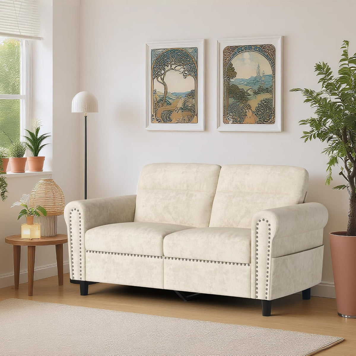 Sofá 2 Plazas,Loveseat con Bolsillo Lateral Beige