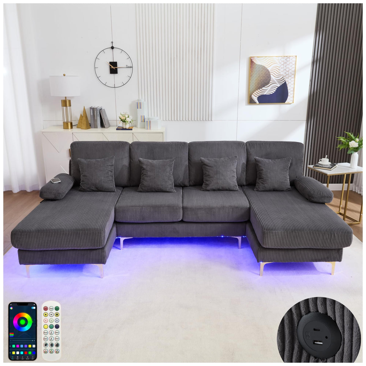 Lubvtti Sofá Moderno en U con iluminación Ambiental LED y Puerto USB+Type-C,sofá 4 plazas con 4 Cojines de Lujo y Respaldo ergonómico, sofá cheslong 4 plazas,Terciopelo,Negro