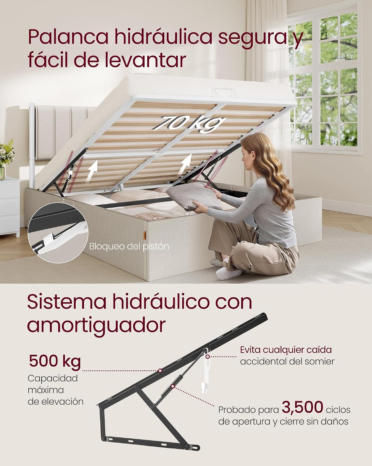VASAGLE Estructura de Cama, 160 x 200 cm, Cama Elevable, 2 Personas, con Almacenaje, Cabecero, Sistema Hidráulico, Moderno y Minimalista, Fácil Montaje, Beige Capuchino RMB615LH01