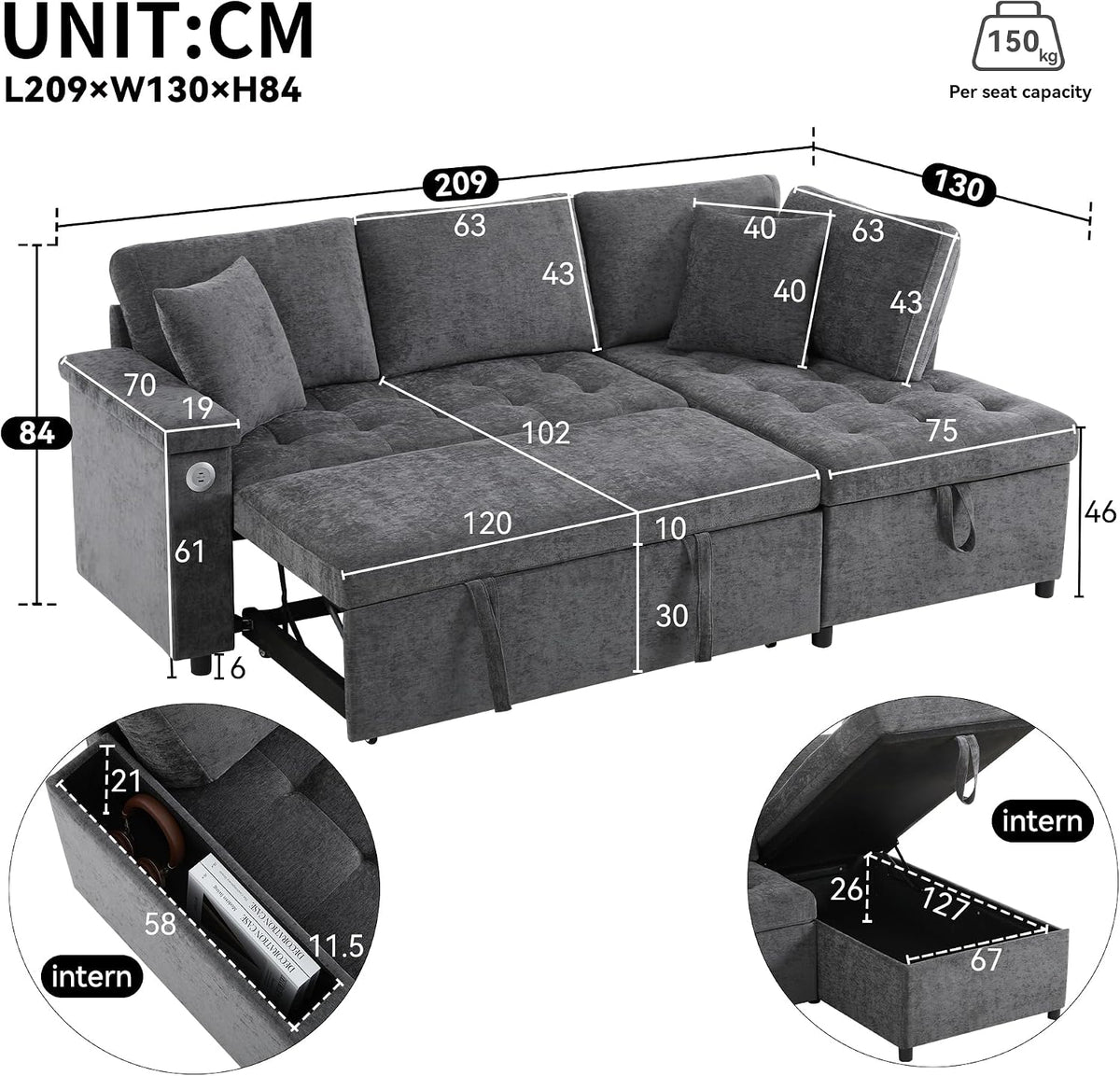 Lubvtti Sofá cama de 3 plazas moderno con función de cama, con espacio de almacenamiento, cargador USB, reposabrazos portaobjetos y 2 cojines, sofá de esquina en L, sofá de 3 plazas, chenilla (C-gris)