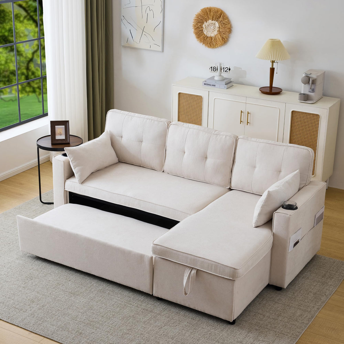 Sofá esquinero extensible en forma de L con puerto USB y portavasos, sofá cama de 4 plazas con función cama, sofá convertible con espacio de almacenamiento y reposabrazos, cojines, chenilla
