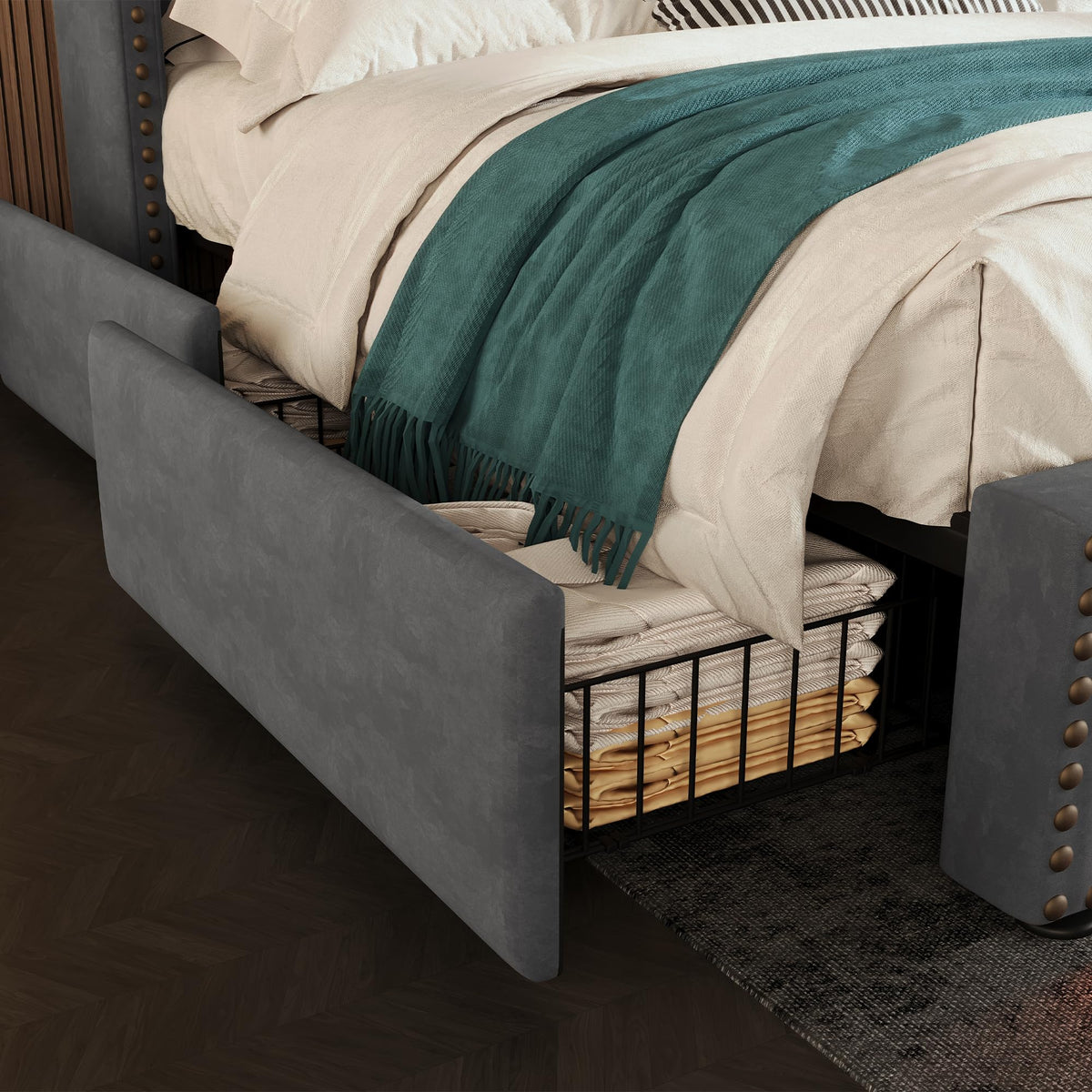 Cama tapizada de 160 x 200 cm, cama doble con 4 cajones, iluminación LED y puerto de carga USB-C, cama de almacenamiento y cama juvenil con somier, terciopelo, beige, sin colchón