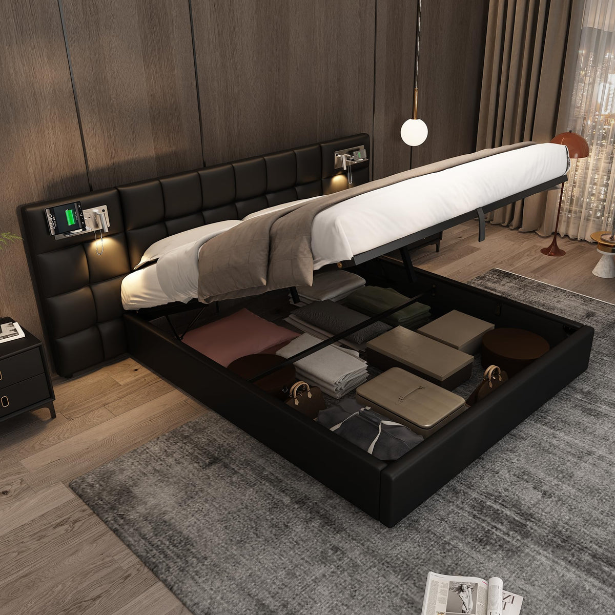 Cama 180x200 cm Camas Matrimoniales con LED y Lámpara de Noche, Cama Doble Tapizada con USB y Cabecero Ancho, Almacenaje Hidráulico, Soporte de Lamas de Madera, Terciopelo, Sin Colchón, Gris