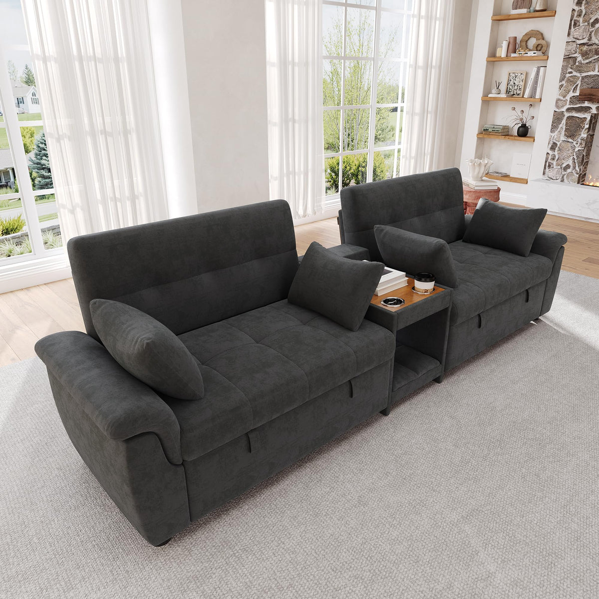 LAKFEW Sofa Cama con Cama Extensible y Taburete Almacenaje, Sofa Rinconera con USB, Lámpara de Lectura, Mesa Plegable con 2 Posavasos, 205x205x85 cm, Gris