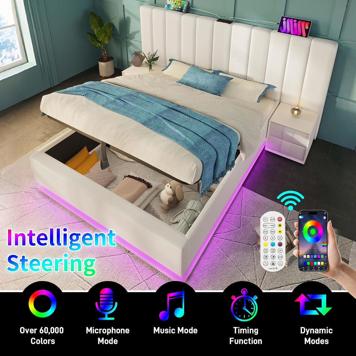 Cama tapizada 180×200cm, Cama Doble con canapé con LED y función de Carga USB-C, PU, sin colchón ni mesita de Noche (Blanco, 180 x 200 cm)