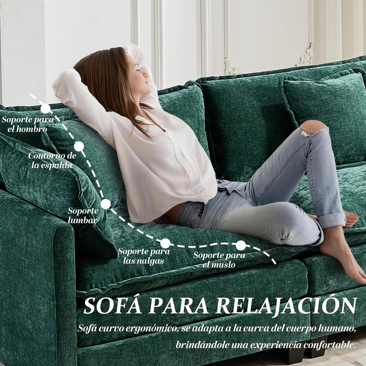 Sofá de salón modular 4 plazas 380cm, chenilla azul con cojines dobles
