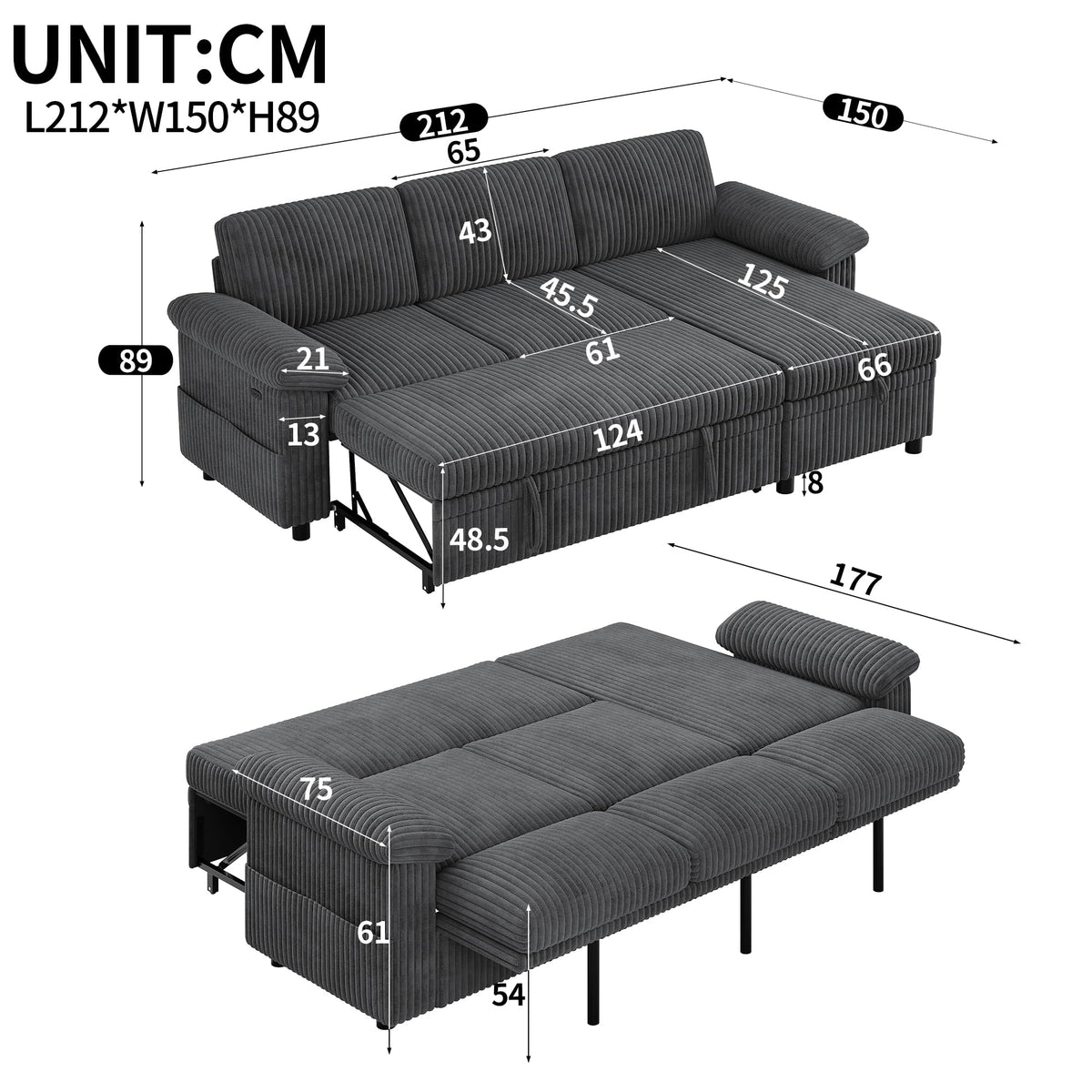 Sofá modular de 3 plazas con función cama extensible y USB/Type-C, sofá esquinero en forma de L con reposacabezas semifijos y compartimento de almacenamiento, sofás con chaise longue