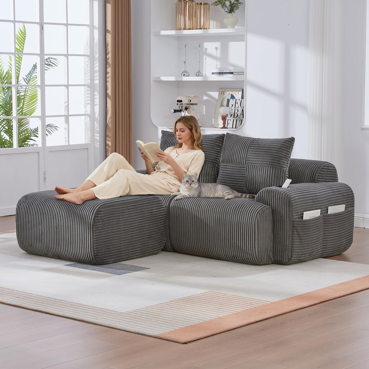 Sofá modular de 200 cm, sofá de 2 plazas con portabebidas y bolsillo de almacenamiento lateral, sofá comprimido de pana, sofá seccional para sala de estar y dormitorio