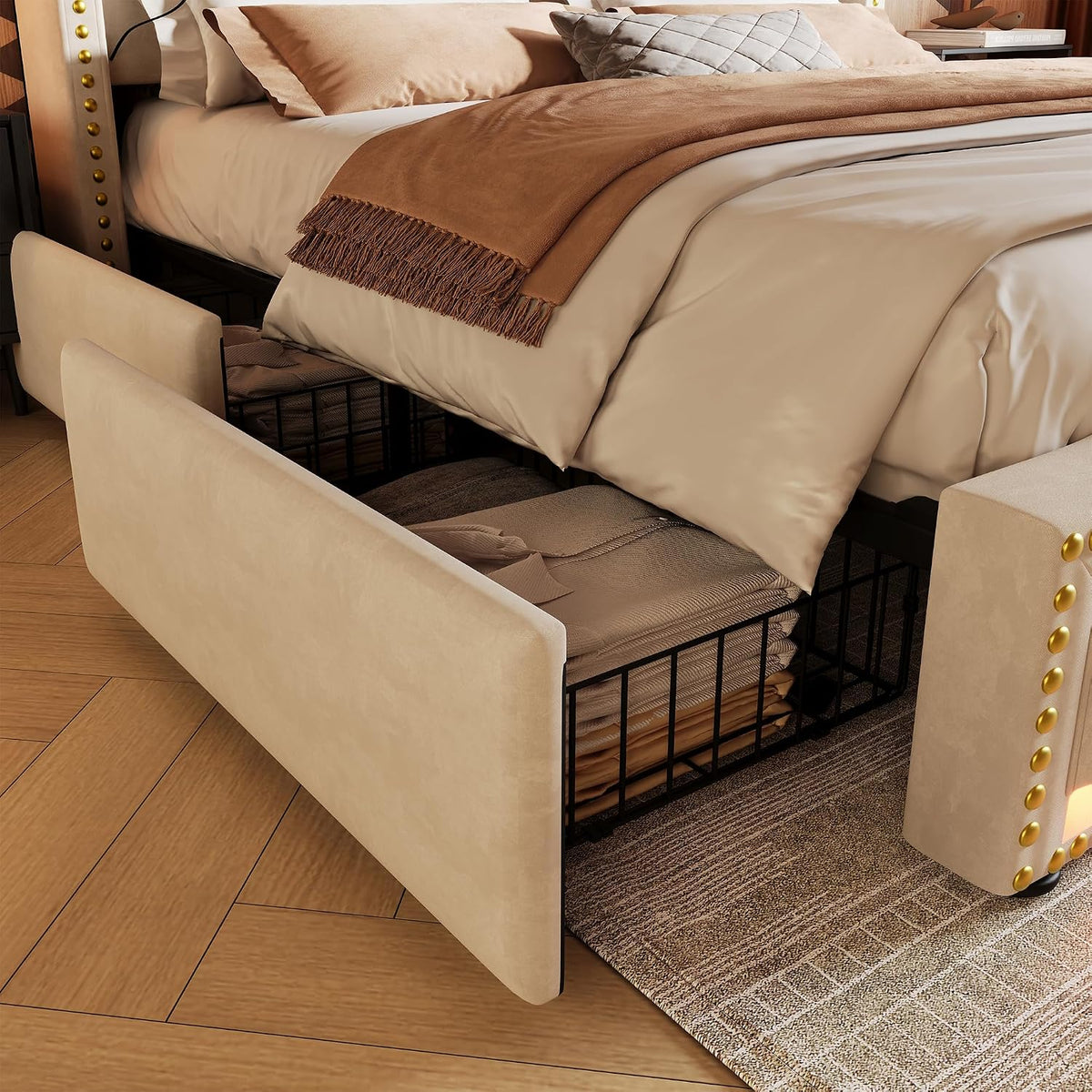 Cama tapizada de 160 x 200 cm, cama doble con 4 cajones, iluminación LED y puerto de carga USB-C, cama de almacenamiento y cama juvenil con somier, terciopelo, beige, sin colchón