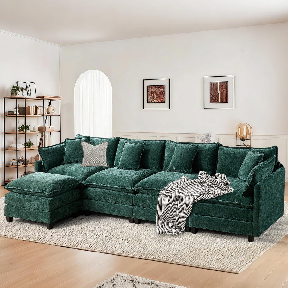 Sofá de salón modular 4 plazas 380cm, chenilla azul con cojines dobles