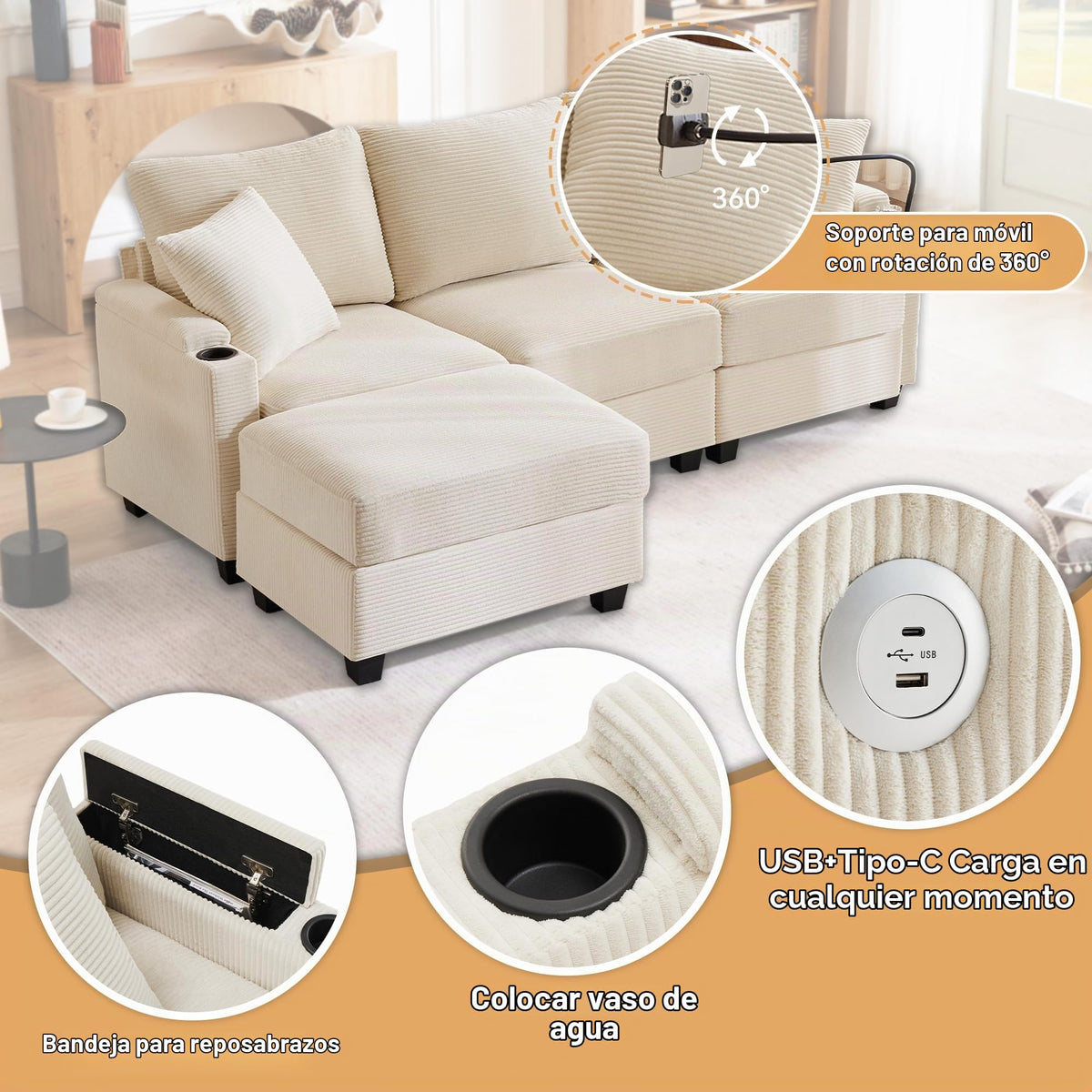 Sofá modular de 6 plazas, sofá esquinero en forma de L/U, puertos USB/tipo C, portavasos y espacio de almacenamiento, tela de chenilla, 7 cojines, salón, dormitorio y oficina, color beige