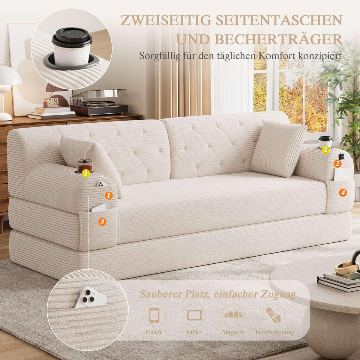YEHTOKHOME - Sofá de Velor acanalado con respaldo alto y estructura metálica, sofá moderno de 2 plazas con 2 portavasos y 4 bolsillos laterales, para salón, dormitorio (Beige)