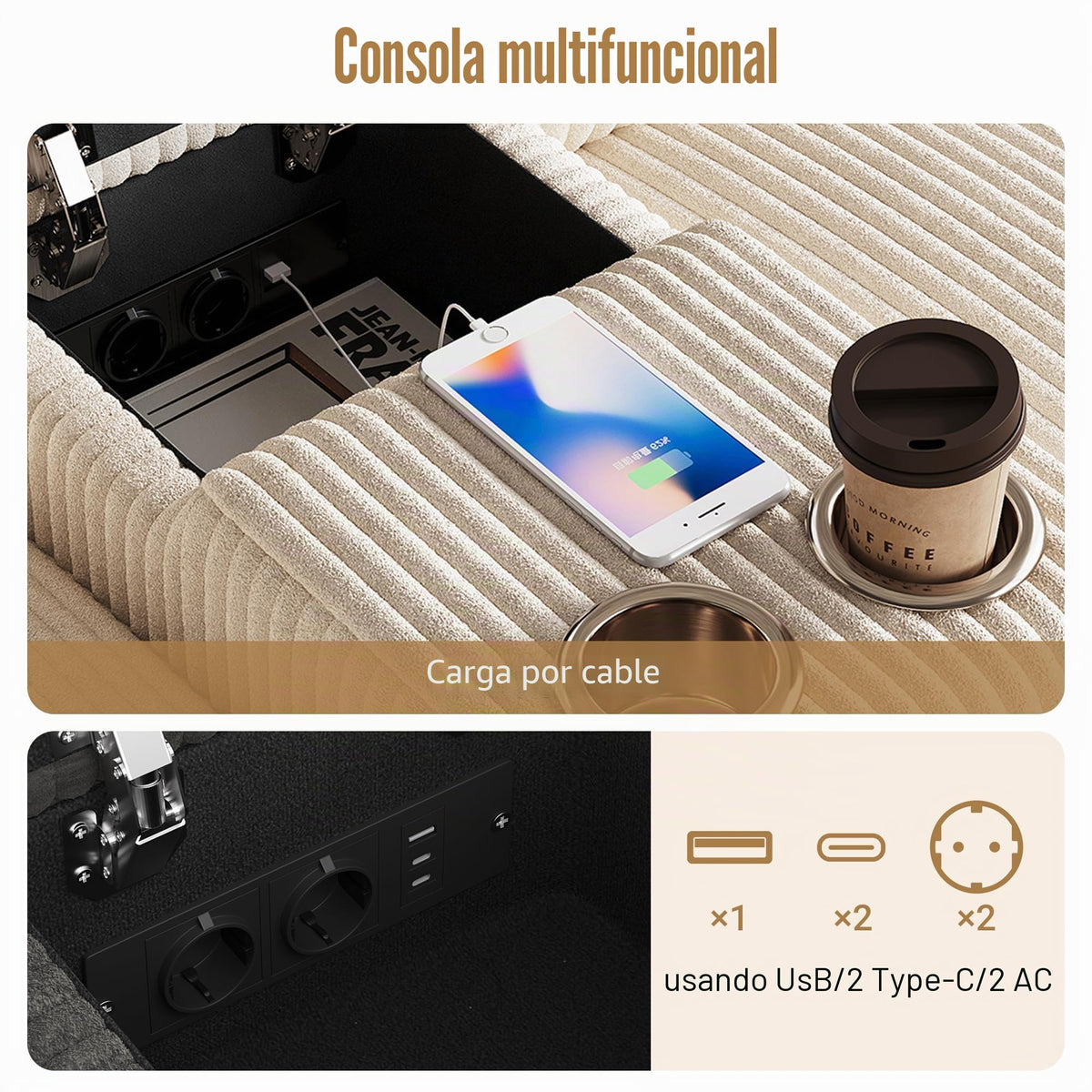 LAKFEW Sofa Cama con Cama Extensible y Taburete Almacenaje, Sofa Rinconera con USB, Lámpara de Lectura, Mesa Plegable con 2 Posavasos, 205x205x85 cm, Gris