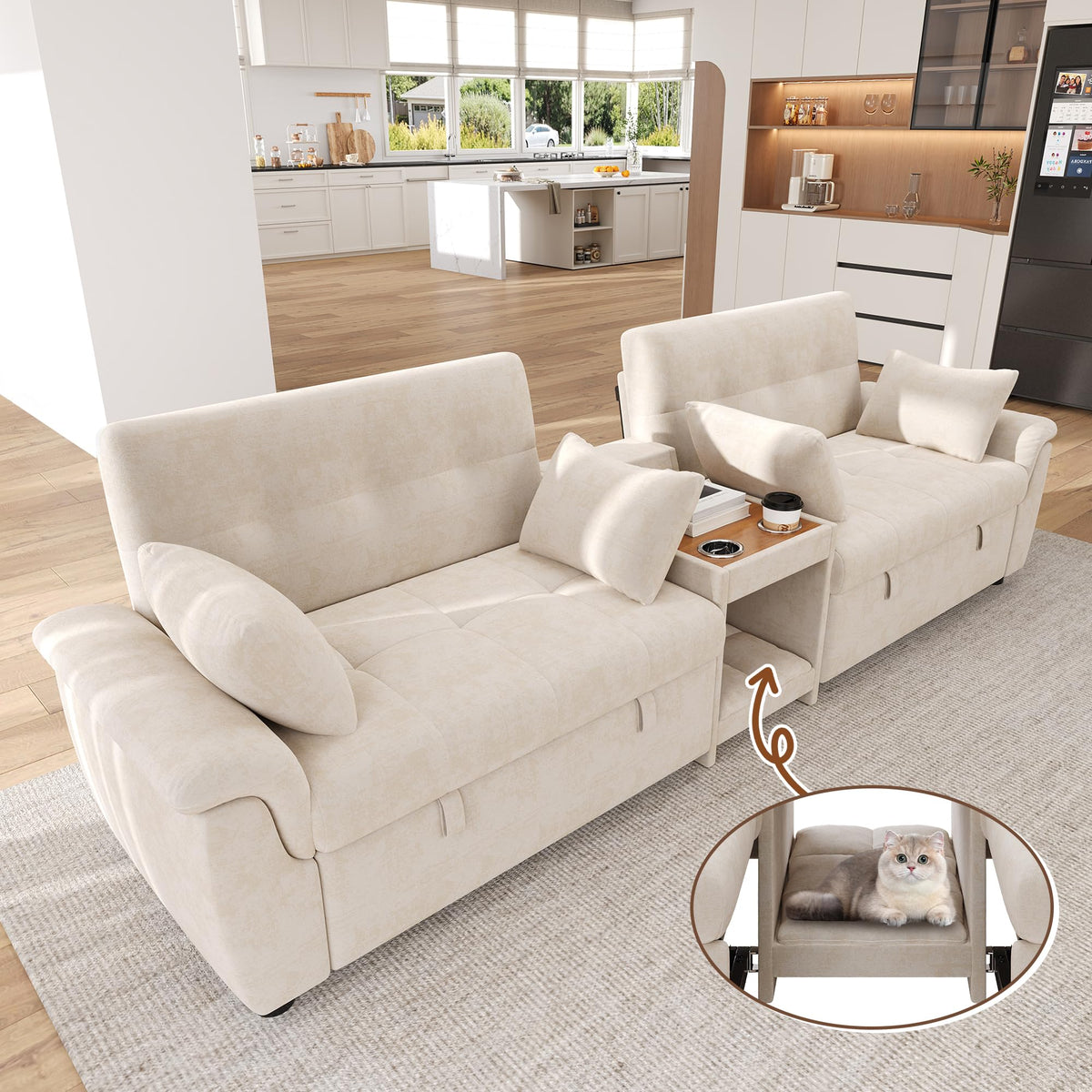 LAKFEW Sofa Cama con Cama Extensible y Taburete Almacenaje, Sofa Rinconera con USB, Lámpara de Lectura, Mesa Plegable con 2 Posavasos, 205x205x85 cm, Gris
