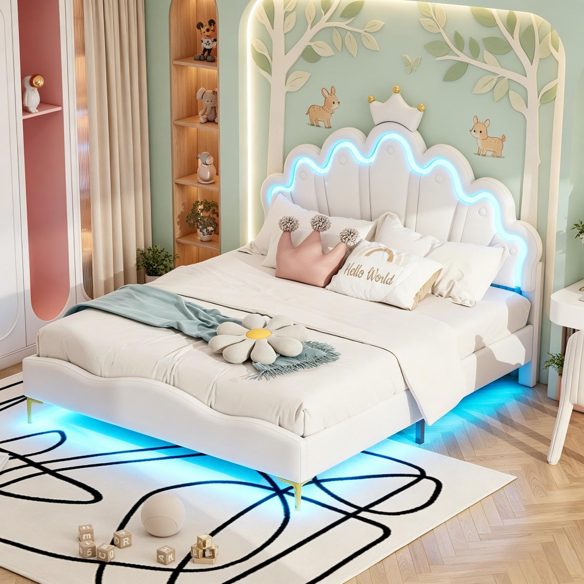Cama Infantil tapizada 140 x 200 cm con LED, Cama tapizada para niños 140 x 200 con cabecera Ajustable Marco de Camas, Camas de Princesa para Niña en Forma de Corona con Somier(Rosa, 140 x 200)